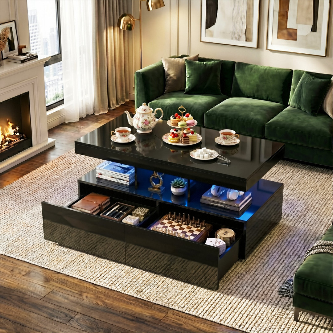 104CM Modern High Gloss Coffee Table With 2 Drawers, Smart App-Controlled RGB LED & Music Sync (EU Plug) - Black/White