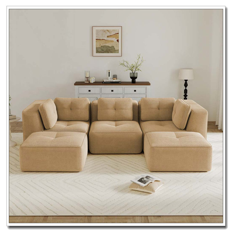 Canapé modulaire moderne, capitonné, sans assemblage, antidérapant, Brun - 3 sièges + 2 chaises