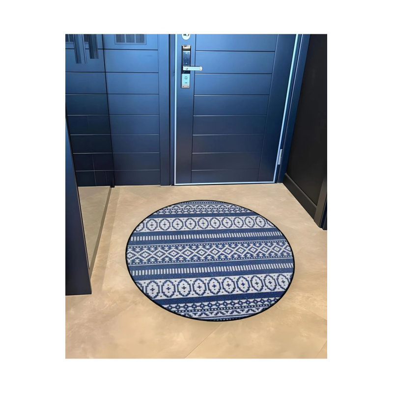 Blue Themed Ethnic Motif Patterned Round Woven Base Vintage Decorative Carpet, Round 2'8"