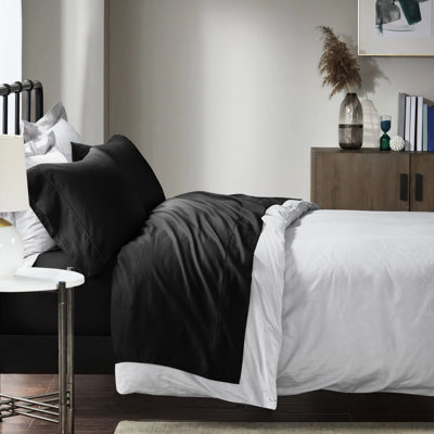 Queen 4 Pcs 1500 Thread Count Black Cotton Blend Sheet , Wrinkle Weave, Finish, Flat & Fitted Sheets, 2 Pillowcases, Machine Washable, Soft Feel, Deep Pocket Sheet, , Washable