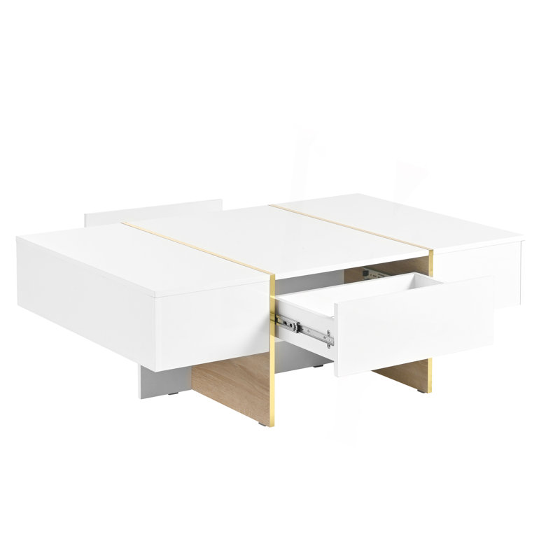 Table basse 47,2 "x 31,4" minimaliste ultrabrillante avec 2 tiroirs, table de canapé rectangulaire multi-rangement avec pieds en grain de bois doré, table centrale moderne pour le salon