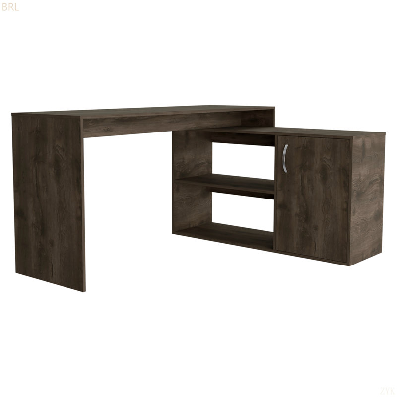 1-Cabinet 2-Shelf L-Shaped Office Desk, Dark Brown