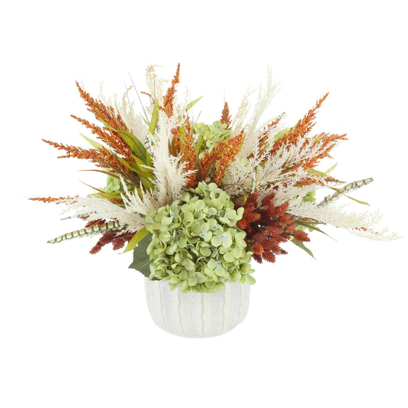 Fall Centerpiece with Hydrangeas, Heather, and Pampas
