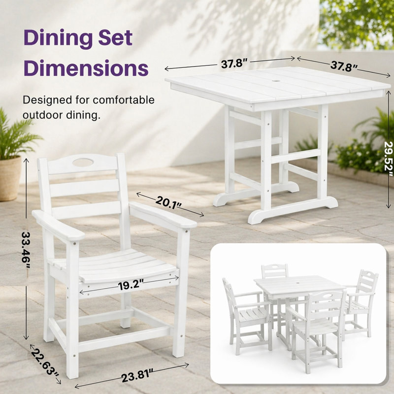 Ensemble de salle à manger de patio en PEHD blanc 5 pièces avec table carrée, trou pour parasol et 4 fauteuils confortables pour des rassemblements extérieurs élégants