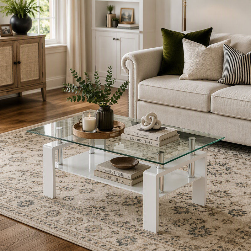 Table basse de salon en verre trempé transparent à 2 couches avec pieds blancs 100 x 55 x 45