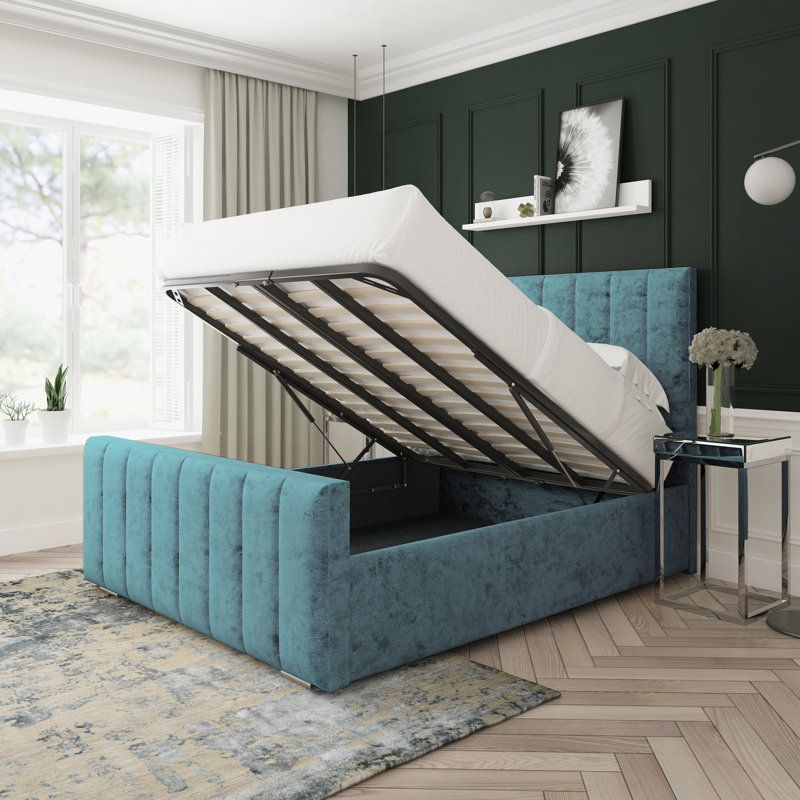 Oakley Crushed Velvet Upholstered Ottoman Bed Frame, Teal, Double (4'6)