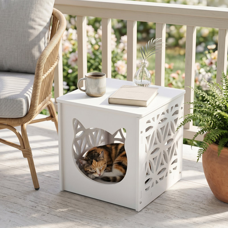 Table d'appoint avec lumière chaude Pet House - 15,6 x 15,6 x 15,6 pouces - Plastique - 1 pièce - Table de chevet - Blanc - Chat Cube avec lumière
