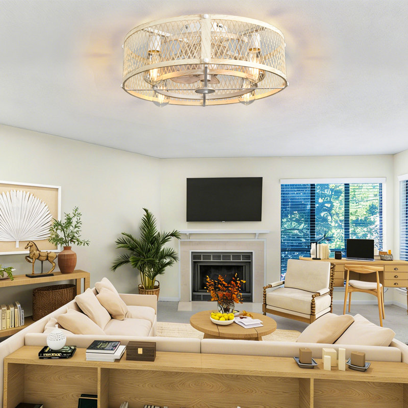  20" Cement Caged Flush Mount Ceiling Fan with Light, Remote , Reversible 6 Speed Quiet DC Motor, Farmhouse Rustic Fandelier