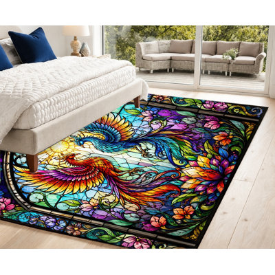 Tapis vibrant en vitrail de style Art nouveau, imprimé floral d'oiseau coloré, surface en velours, tapis antidérapant lavable à la machine, décoration intérieure créative pour le salon, la chambre à coucher, l'entrée, la cuisine, appartement