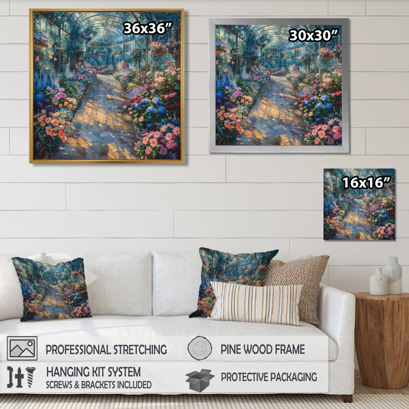 Jardin rose et vert Eden Greenhouse I - Art mural, Cadre photo blanc simple, bois massif, H 30 po x l 30 po