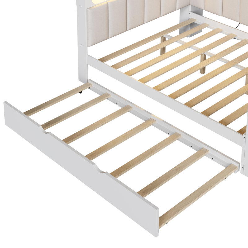Full Size Daybed with Trundle, Storage Shelves, Charging Station, LED Lights, Desk and Upholstered Headboard & Backrest
