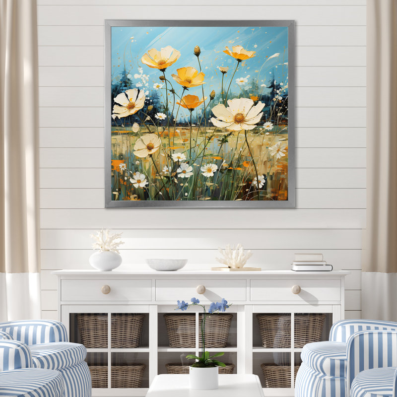Bouton d'or jaune et bleu, Cadre simple argenté, H 36 po x l 36 po