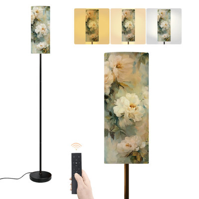 Lampe sur pied blanche à fleurs, motif floral bleu clair élégant, lampe sur pied moderne à intensité variable avec télécommande et interrupteur au pied, abat-jour haut, lampe de coin pour salon, chambre ou bureau