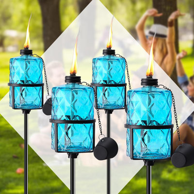 4 Pack Blue Glass Garden Torch 12 oz Outdoor Torch Garden Décor,60-Inch Upgraded Citronella Torches