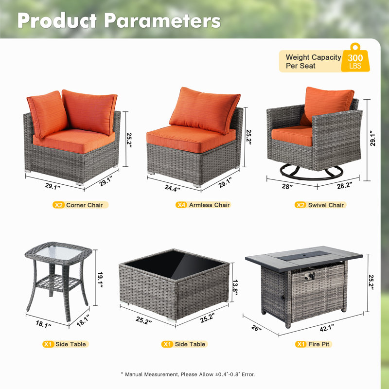 8-Person Outdoor Sectional With Cushions,Swivel Rockers And Fire Pit,All-Weather Wicker Patio Set, Orange Red