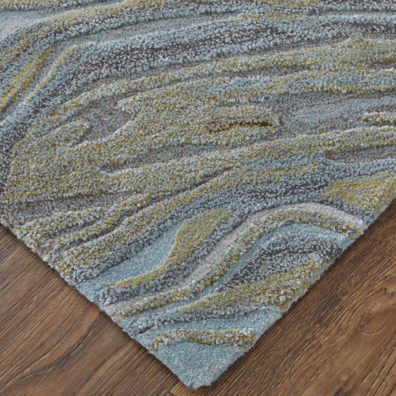 Kawai Hand Knotted Wool/Viscose Abstract Area Rug in Green/Multi, Rectangle 9' x 12'