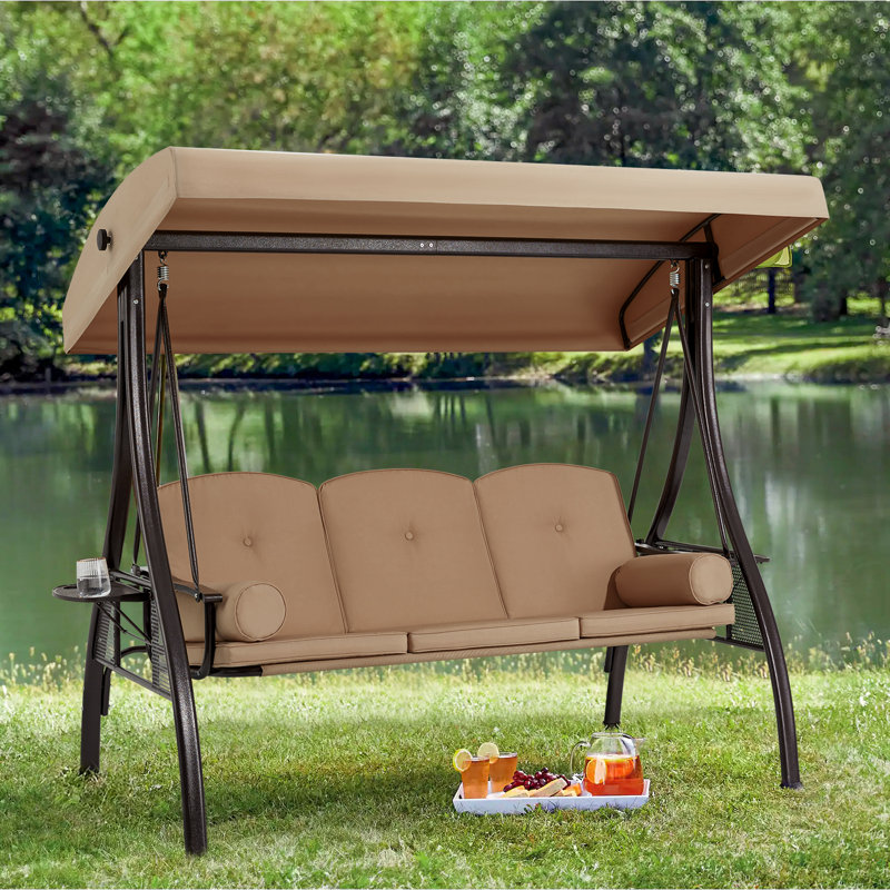 Brown Steel Frame 3-Seat Outdoor Porch Swing with Adjustable Canopy