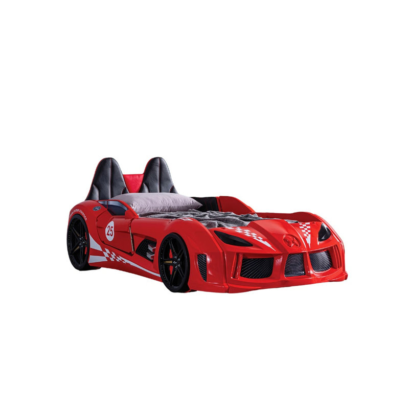 Modern Novelty Red Twin Bed In Race Car Design, With Attached Magnetic Doors, Led Lights On Wheels And Bottom, Upholstered Headboard, 4 Sound Options Through Remote Control, Headlights For Night Time