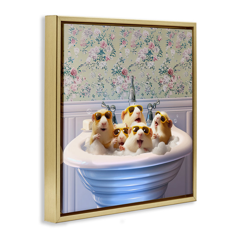 Guinea Pigs Sink Floating Frame, design by Jim Baldwin, 18" H x 18" W, Metallic Gold Floater Frame