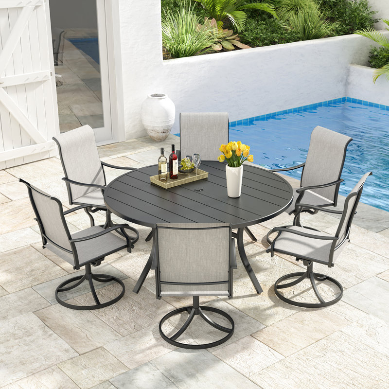 6 - Person 54" Round Patio Dining Sets With Swivel Chairs, Hard Stone