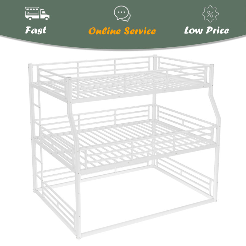 Full XL Over Queen Over Queen Bunk Bed, Metal Triple Bunk Bed With Safety Guardrails, Heavy-Duty Bunk Bed With Noise-Reduced Design