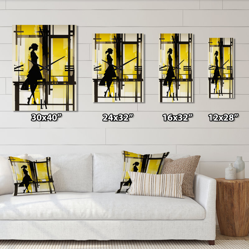 Silhouette en jaune et noir - horloge murale moderne Portrait, H 28 po x l 12 po x P 1 po