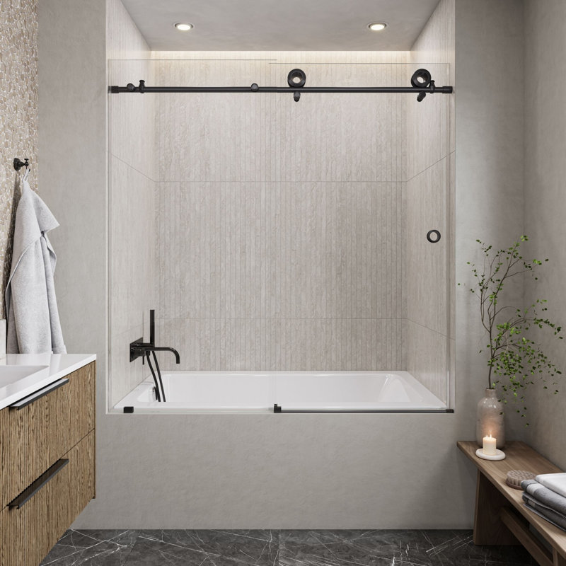 Hugo 56 - Porte de baignoire coulissante sans cadre 60 x 62 po en verre trempé transparent 3/8 po, Noir mat