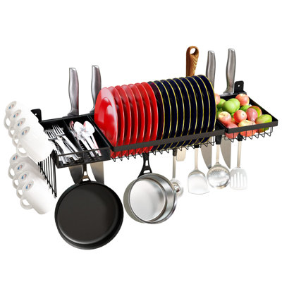 Adjustable Wall Mounted Over The Sink Dish Drying Rack, Pot Rack Dish Rack With Utensil Holder For Kitchen Storage Organizer, (Black)