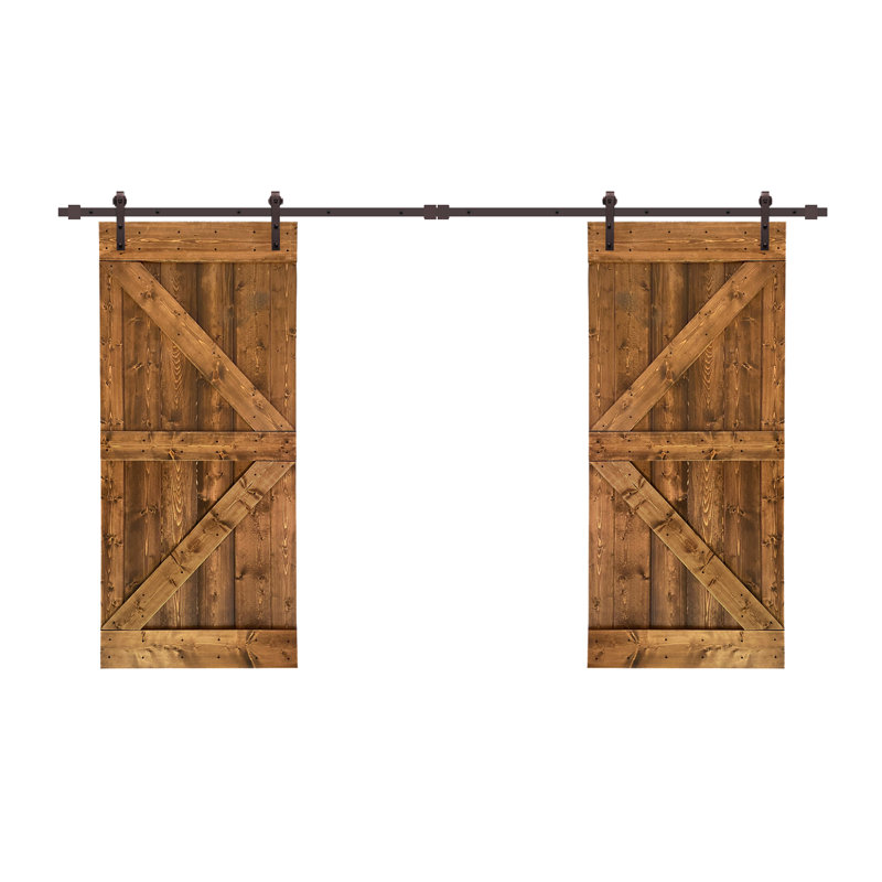 Porte de grange en panneaux de bois et métal teintés double pré-assemblé avec ensemble de quincaillerie d’installation, Noyer