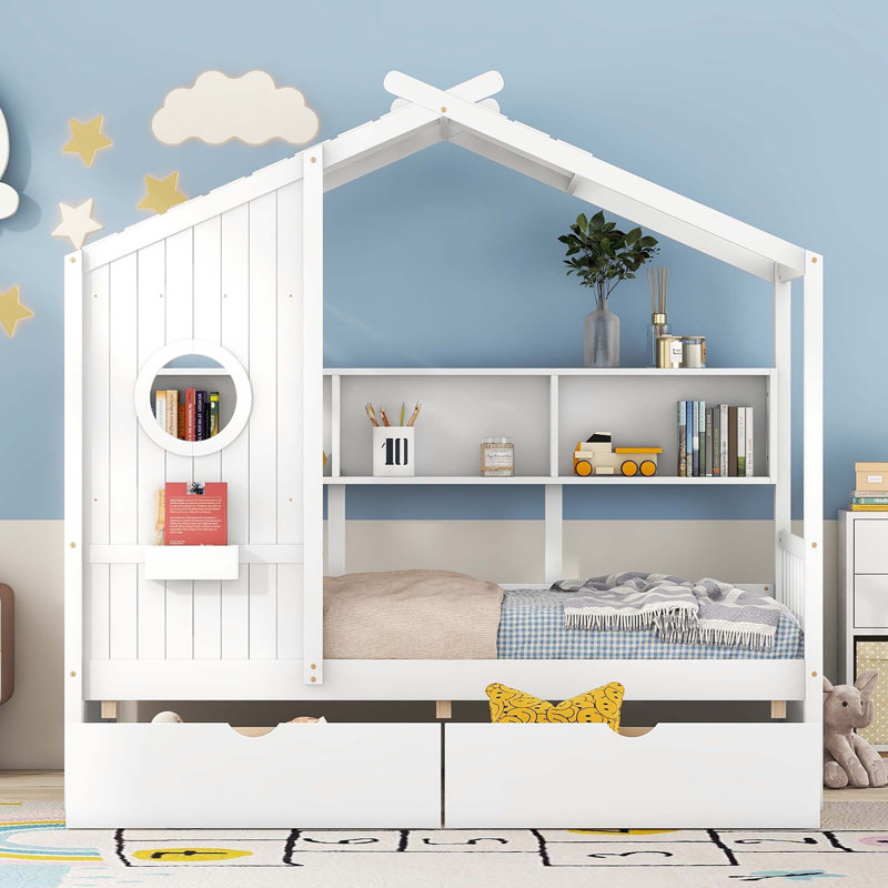 Lit en bois avec 2 tiroirs, lit pour enfant avec tablette de rangement, Lit simple, Blanc