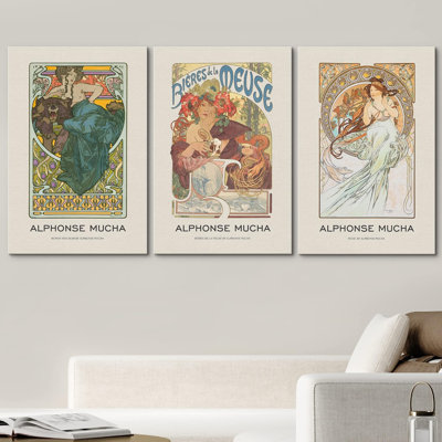 Classical Artwork " Alphonse Mucha Art Deco Flower Pattern Women Nature People Illustration Fine Art Retro Portrait " 3 - Pieces