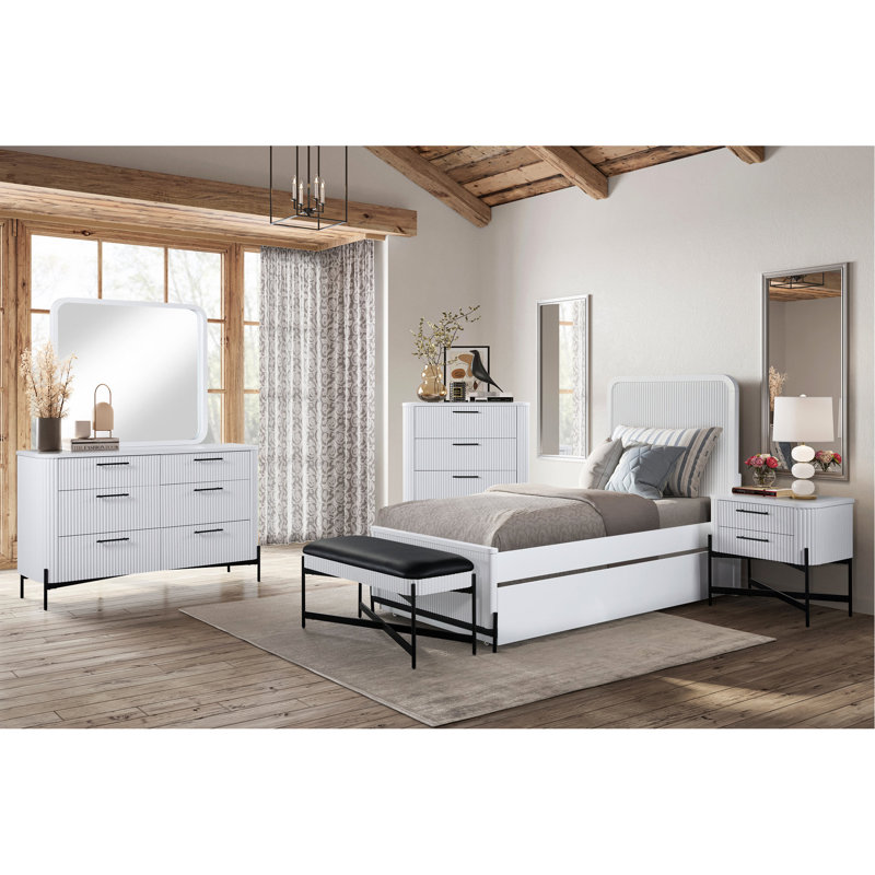 Table de chevet 2 tiroirs Type C - Blanc, bois massif +, façade, base décorative en métal, dessus et bas des tiroirs doublés