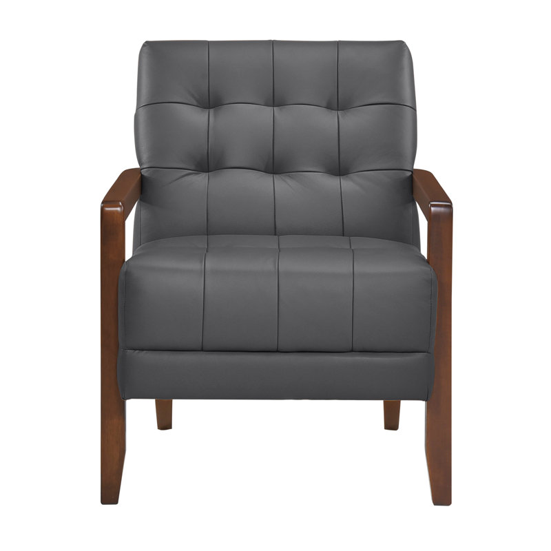 Dark Gray Leather Accent Chair With Detail, Plywood Frame, And Walnut Finish Contemporary In 100% Leather, Shell, Leg, Back, Seat