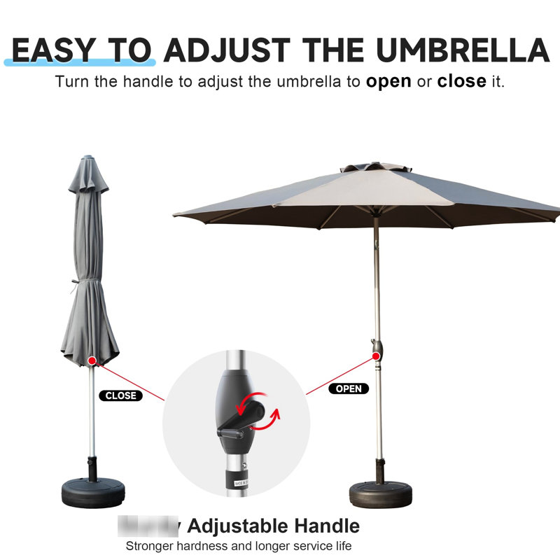 Parasol de patio 9 pi - Gris, bloquant, 8 nervures robustes, eau pour patio, terrasse, protection extérieure de piscine, eau, construction jardin, plage, zone