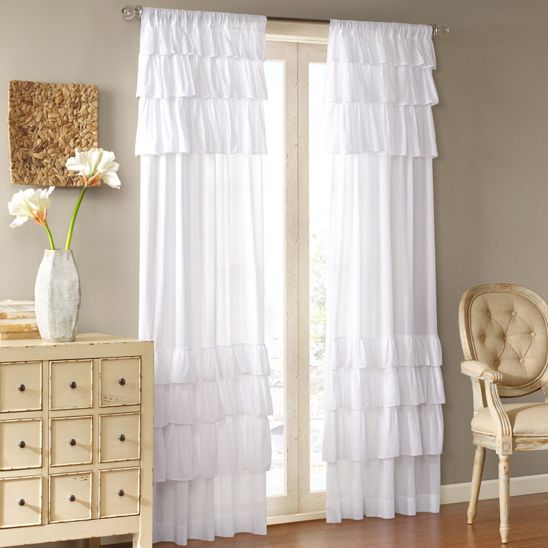 White Cotton Ruffled Rod Pocket Light-Filtering Curtain Panel