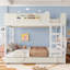 Grand lit superposé avec lit gigogne, lit superposé en bois pour enfants avec bibliothèque et garde-corps, blanc et beige-667516532-667516533