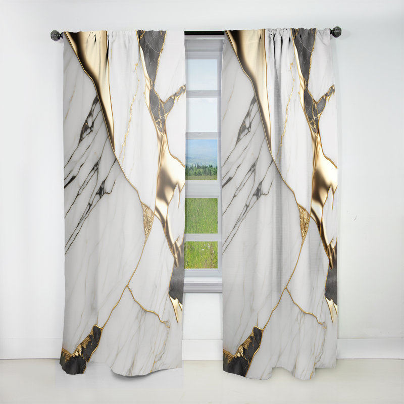 Abstract Geode Marble White And Gold I - Modern Velvet Curtain - Room Darkening - 1 panel, 52" W x 84" L