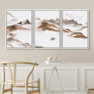 «Abstract Landscape Foggy Mountain Sea», peinture sur toile flottante 3 pièces