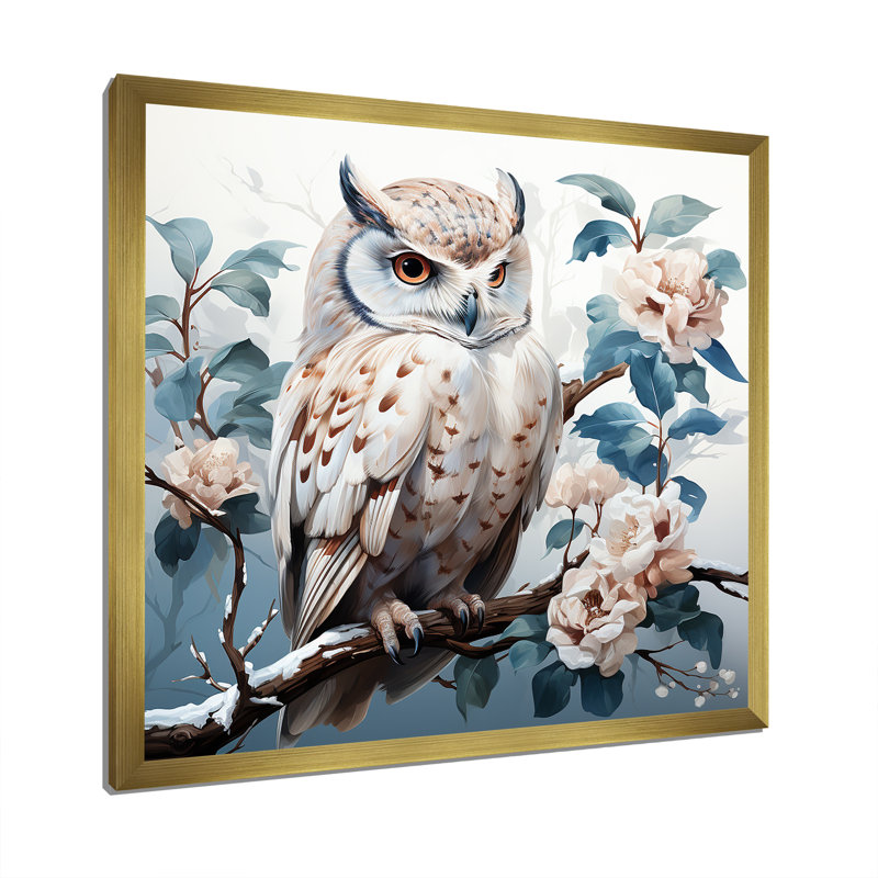 Hibou Blooms Perch I - art mural hibou, Cadre doré simple, H 16 po x l 16 po x P 1 po