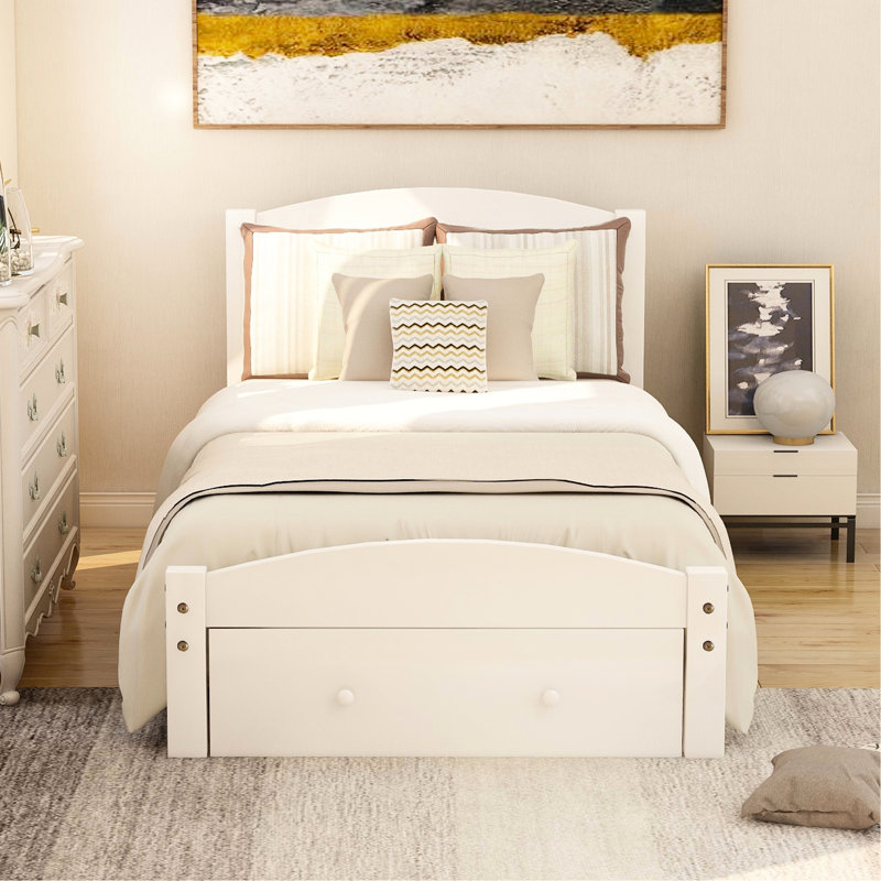 Lit simple blanc avec sommier à lattes en bois fiable et tiroir de rangement pratique, sans sommier tapissier