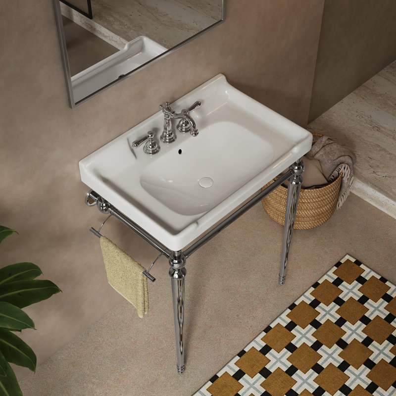 28" Retro Modern Ceramic Console Bathroom Vanity with Metal Stand, White, Silver, 28"