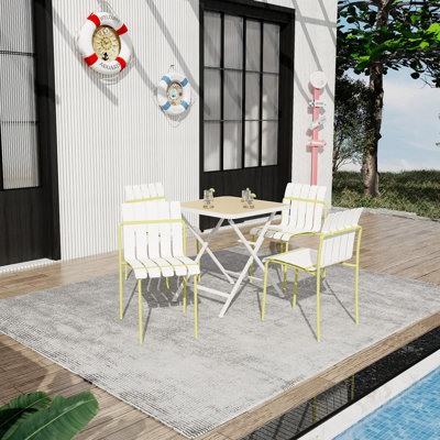 4-Pack Modern Striped Outdoor Dining Chairs, Yellow Metal Legs & White PP Seats