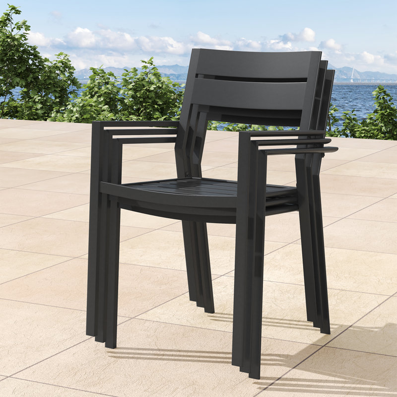 6-Person Patio Dining Set with 53" Metal Round Dining Table and 6 Stackable Armrest Chairs, Brush Wood Brown/Black
