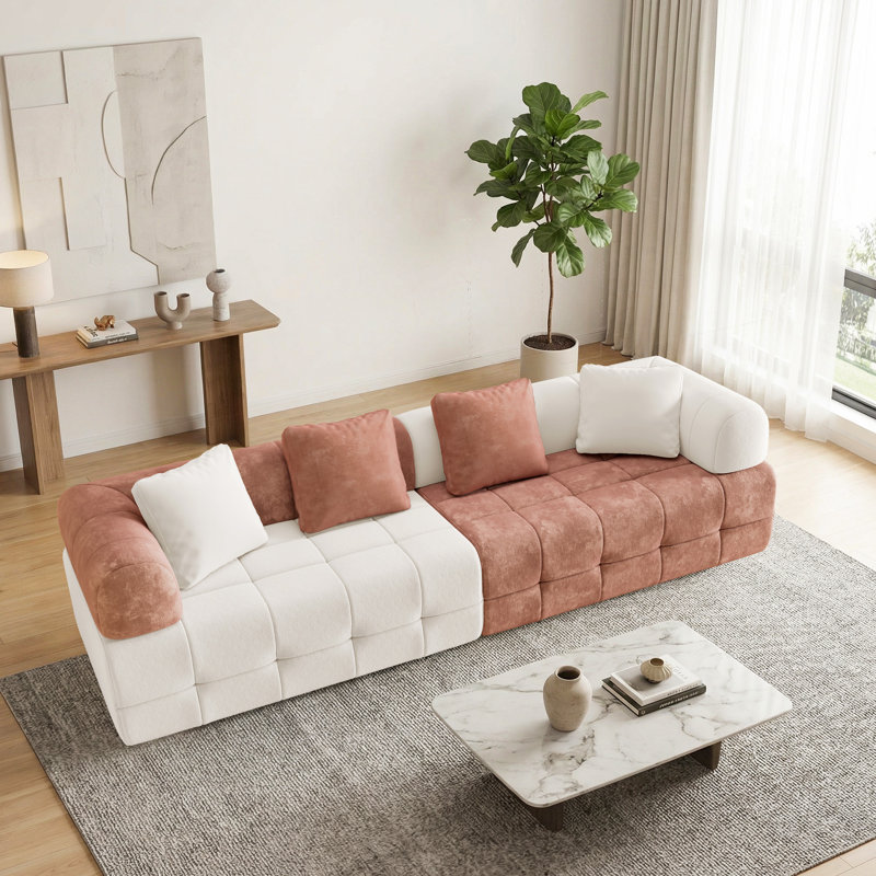 NOVA 110" Modular Sectional Sofa, Boneless 4-Seater Chenille Couch with 26" Deep Seats, Curved Armrests, Plush Cushions and Color-Block Design-Orange and Biege