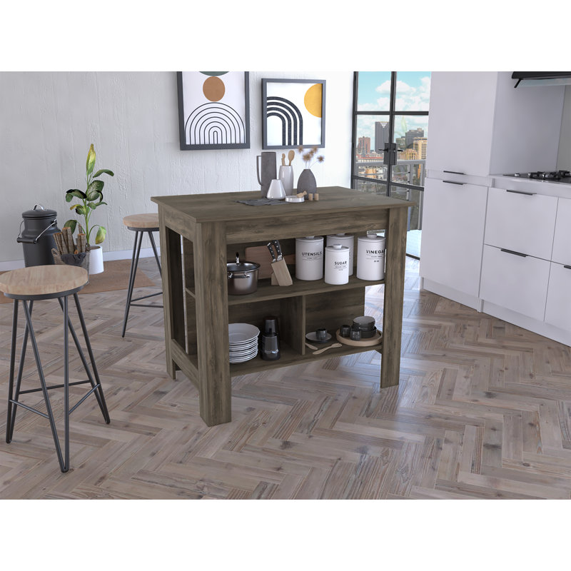 Îlot de cuisine, quatre pieds, trois tablettes, brun foncé