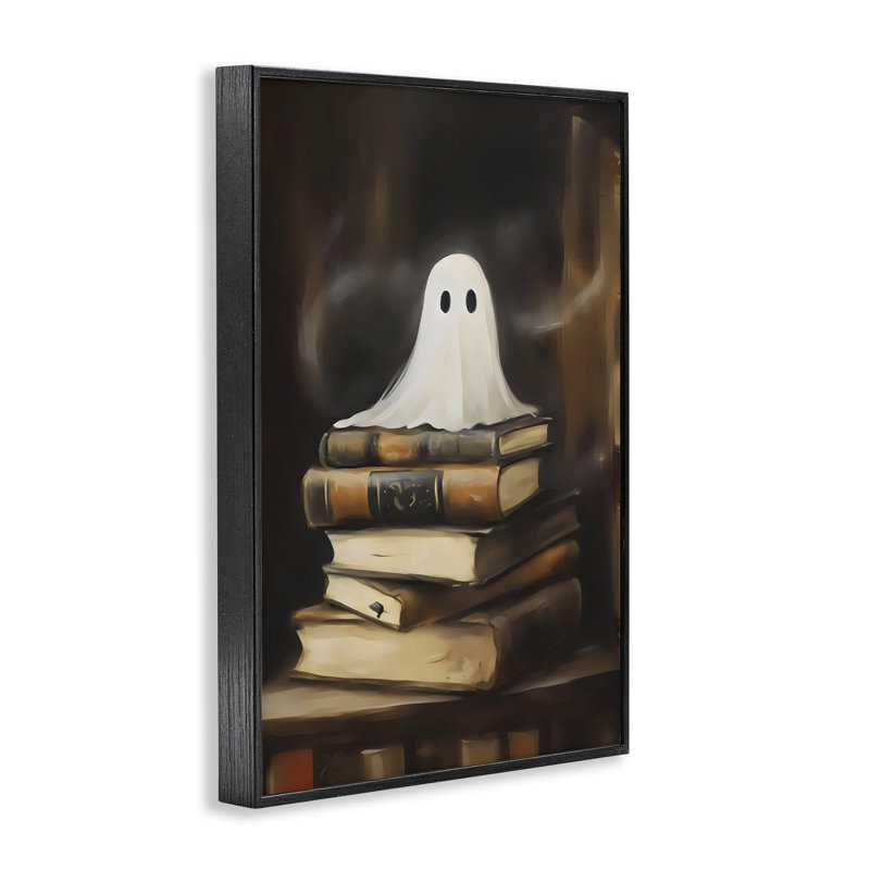 Ghost on Book Stack, estampe numérique, design par Arlington Prints, H 18 po x l 12 po, Giclée encadrée noir minuit