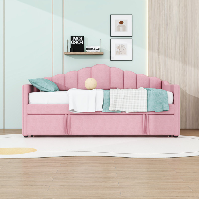 Twin Upholstered Daybed with Pop Up Trundle, USB Port and Side Pockets, Pink
