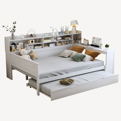Wooden Daybed Multi-functional Bed with Trundle Bed, Shelves and Study Desk