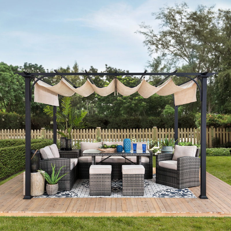 Steel Retractable Pergola with Beige Roof for Backyard, 277cm x 363cm