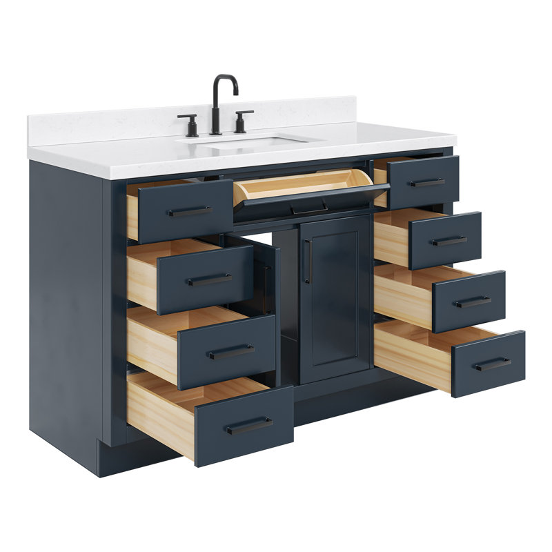 Meuble-lavabo simple en bois massif 54 po Tidworth avec lavabo en quartz Carrara 1,5 po, Forme rectangulaire